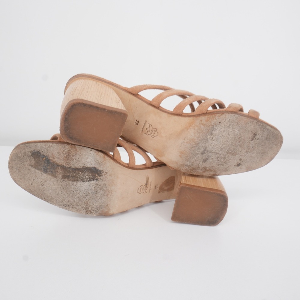 Paloma Wool Suede Strappy Mules Women 39 Tan Beige Wood Block Heel Made in Spain - Picture 6 of 7